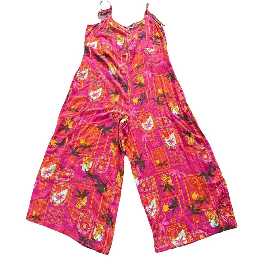 Old Navy Women's Wide-Leg Jumpsuit Size XL Colorful Pink Pattern tie straps